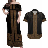 New Zealand Maori Kowhaiwhai Couples Matching Off Shoulder Maxi Dress and Hawaiian Shirt Parauri Maui and Mangopare LT9 Brown - Polynesian Pride
