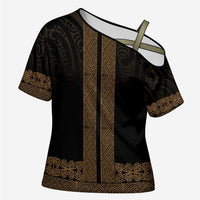 New Zealand Maori Kowhaiwhai Cross Shoulder Shirt Parauri Maui and Mangopare LT9 Female Brown - Polynesian Pride