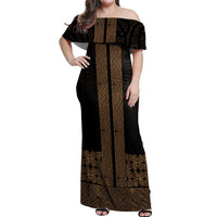New Zealand Maori Kowhaiwhai Off Shoulder Maxi Dress Parauri Maui and Mangopare LT9 Women Brown - Polynesian Pride
