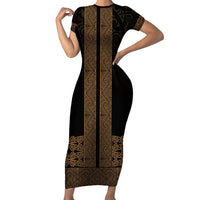 New Zealand Maori Kowhaiwhai Short Sleeve Bodycon Dress Parauri Maui and Mangopare LT9 Long Dress Brown - Polynesian Pride