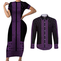 New Zealand Maori Kowhaiwhai Couples Matching Short Sleeve Bodycon Dress and Long Sleeve Button Shirt Waiporoporo Maui and Mangopare LT9 Purple - Polynesian Pride