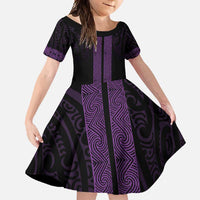 New Zealand Maori Kowhaiwhai Family Matching Mermaid Dress and Hawaiian Shirt Waiporoporo Maui and Mangopare LT9 Daughter's Dress Purple - Polynesian Pride