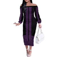New Zealand Maori Kowhaiwhai Family Matching Off The Shoulder Long Sleeve Dress and Hawaiian Shirt Waiporoporo Maui and Mangopare LT9 Mom's Dress Purple - Polynesian Pride