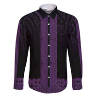 New Zealand Maori Kowhaiwhai Family Matching Off Shoulder Short Dress and Hawaiian Shirt Waiporoporo Maui and Mangopare LT9 Dad's Shirt - Long Sleeve Purple - Polynesian Pride