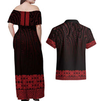 New Zealand Maori Kowhaiwhai Couples Matching Off Shoulder Maxi Dress and Hawaiian Shirt Whero Maui and Mangopare LT9 - Polynesian Pride