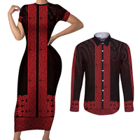 New Zealand Maori Kowhaiwhai Couples Matching Short Sleeve Bodycon Dress and Long Sleeve Button Shirt Whero Maui and Mangopare LT9 Red - Polynesian Pride