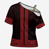 New Zealand Maori Kowhaiwhai Cross Shoulder Shirt Whero Maui and Mangopare LT9 Female Red - Polynesian Pride