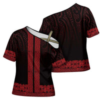 New Zealand Maori Kowhaiwhai Cross Shoulder Shirt Whero Maui and Mangopare LT9 - Polynesian Pride