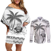 Custom Fiji Black Fern Couples Matching Off Shoulder Short Dress and Long Sleeve Button Shirt Maori Warroir with Fijian Masi Pattern LT9 White - Polynesian Pride