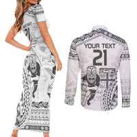 Custom Fiji Black Fern Couples Matching Short Sleeve Bodycon Dress and Long Sleeve Button Shirt Maori Warroir with Fijian Masi Pattern LT9 - Polynesian Pride