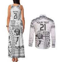 Custom Fiji Black Fern Couples Matching Tank Maxi Dress and Long Sleeve Button Shirt Maori Warroir with Fijian Masi Pattern LT9 - Polynesian Pride