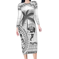 Custom Fiji Black Fern Family Matching Long Sleeve Bodycon Dress and Hawaiian Shirt Maori Warroir with Fijian Masi Pattern LT9 Mom's Dress White - Polynesian Pride