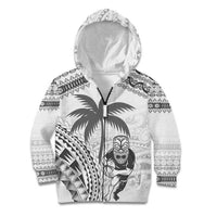 Custom Fiji Black Fern Kid Hoodie Maori Warroir with Fijian Masi Pattern LT9 Zip Hoodie White - Polynesian Pride