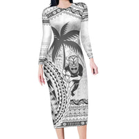 Custom Fiji Black Fern Long Sleeve Bodycon Dress Maori Warroir with Fijian Masi Pattern LT9 Long Dress White - Polynesian Pride