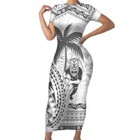 Custom Fiji Black Fern Short Sleeve Bodycon Dress Maori Warroir with Fijian Masi Pattern LT9 Long Dress White - Polynesian Pride