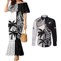 Custom Fiji New Zealand Couples Matching Mermaid Dress and Long Sleeve Button Shirt Maori mix Tapa Pattern Version LT9 Black - Polynesian Pride