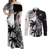 Custom Fiji New Zealand Couples Matching Off Shoulder Maxi Dress and Long Sleeve Button Shirt Maori mix Tapa Pattern Version LT9 Black - Polynesian Pride