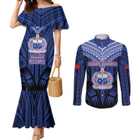 Custom Manu Samoa Sevens Rugby Couples Matching Mermaid Dress and Long Sleeve Button Shirt Samoan Tribal Tattoo LT9 Blue - Polynesian Pride