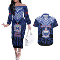 Custom Manu Samoa Sevens Rugby Couples Matching Off The Shoulder Long Sleeve Dress and Hawaiian Shirt Samoan Tribal Tattoo LT9 Blue - Polynesian Pride