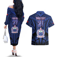 Custom Manu Samoa Sevens Rugby Couples Matching Off The Shoulder Long Sleeve Dress and Hawaiian Shirt Samoan Tribal Tattoo LT9 - Polynesian Pride