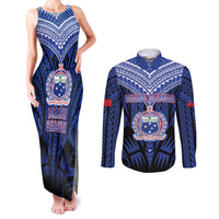 Custom Manu Samoa Sevens Rugby Couples Matching Tank Maxi Dress and Long Sleeve Button Shirt Samoan Tribal Tattoo LT9 Blue - Polynesian Pride