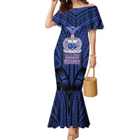 Custom Manu Samoa Sevens Rugby Family Matching Mermaid Dress and Hawaiian Shirt Samoan Tribal Tattoo LT9 Mom's Dress Blue - Polynesian Pride