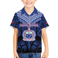 Custom Manu Samoa Sevens Rugby Family Matching Off The Shoulder Long Sleeve Dress and Hawaiian Shirt Samoan Tribal Tattoo LT9 Son's Shirt Blue - Polynesian Pride