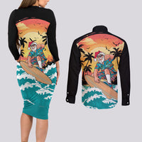Vintage Santa Claus Surfing Summer Couples Matching Long Sleeve Bodycon Dress and Long Sleeve Button Shirt Mele Kalikimaka i Iulai! LT9 - Polynesian Pride