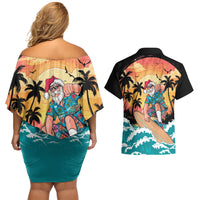 Vintage Santa Claus Surfing Summer Couples Matching Off Shoulder Short Dress and Hawaiian Shirt Mele Kalikimaka i Iulai! LT9 - Polynesian Pride