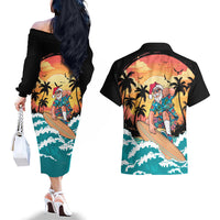 Vintage Santa Claus Surfing Summer Couples Matching Off The Shoulder Long Sleeve Dress and Hawaiian Shirt Mele Kalikimaka i Iulai! LT9 - Polynesian Pride