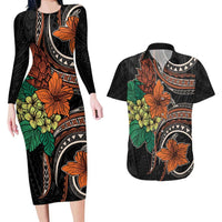 Vintage Hibiscus Pacific Floral Couples Matching Long Sleeve Bodycon Dress and Hawaiian Shirt LT9 Black - Polynesian Pride