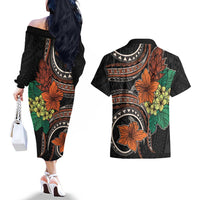 Vintage Hibiscus Pacific Floral Couples Matching Off The Shoulder Long Sleeve Dress and Hawaiian Shirt LT9 - Polynesian Pride