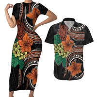 Vintage Hibiscus Pacific Floral Couples Matching Short Sleeve Bodycon Dress and Hawaiian Shirt LT9 Black - Polynesian Pride