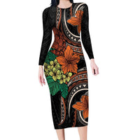 Vintage Hibiscus Pacific Floral Family Matching Long Sleeve Bodycon Dress and Hawaiian Shirt LT9 Mom's Dress Black - Polynesian Pride