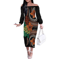 Vintage Hibiscus Pacific Floral Family Matching Off The Shoulder Long Sleeve Dress and Hawaiian Shirt LT9 Mom's Dress Black - Polynesian Pride