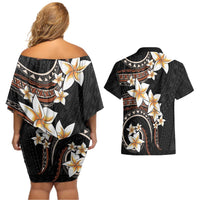 Vintage Plumeria Pacific Floral Couples Matching Off Shoulder Short Dress and Hawaiian Shirt LT9 - Polynesian Pride