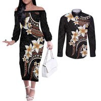 Vintage Plumeria Pacific Floral Couples Matching Off The Shoulder Long Sleeve Dress and Long Sleeve Button Shirt LT9 Black - Polynesian Pride
