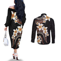 Vintage Plumeria Pacific Floral Couples Matching Off The Shoulder Long Sleeve Dress and Long Sleeve Button Shirt LT9 - Polynesian Pride