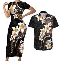 Vintage Plumeria Pacific Floral Couples Matching Short Sleeve Bodycon Dress and Hawaiian Shirt LT9 Black - Polynesian Pride