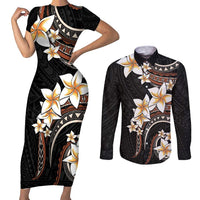 Vintage Plumeria Pacific Floral Couples Matching Short Sleeve Bodycon Dress and Long Sleeve Button Shirt LT9 Black - Polynesian Pride