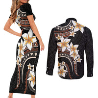 Vintage Plumeria Pacific Floral Couples Matching Short Sleeve Bodycon Dress and Long Sleeve Button Shirt LT9 - Polynesian Pride