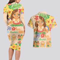 Kawaii Hula Girls Couples Matching Long Sleeve Bodycon Dress and Hawaiian Shirt Aloha Hibiscus Flowers LT9 - Polynesian Pride