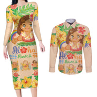 Kawaii Hula Girls Couples Matching Long Sleeve Bodycon Dress and Long Sleeve Button Shirt Aloha Hibiscus Flowers LT9 Nude - Polynesian Pride