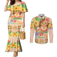 Kawaii Hula Girls Couples Matching Mermaid Dress and Long Sleeve Button Shirt Aloha Hibiscus Flowers LT9 Nude - Polynesian Pride