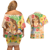 Kawaii Hula Girls Couples Matching Off Shoulder Short Dress and Hawaiian Shirt Aloha Hibiscus Flowers LT9 - Polynesian Pride