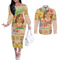 Kawaii Hula Girls Couples Matching Off The Shoulder Long Sleeve Dress and Long Sleeve Button Shirt Aloha Hibiscus Flowers LT9 Nude - Polynesian Pride