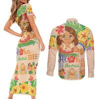 Kawaii Hula Girls Couples Matching Short Sleeve Bodycon Dress and Long Sleeve Button Shirt Aloha Hibiscus Flowers LT9 - Polynesian Pride