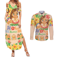 Kawaii Hula Girls Couples Matching Summer Maxi Dress and Long Sleeve Button Shirt Aloha Hibiscus Flowers LT9 Nude - Polynesian Pride
