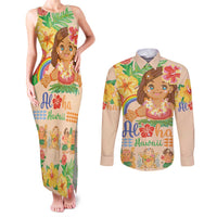 Kawaii Hula Girls Couples Matching Tank Maxi Dress and Long Sleeve Button Shirt Aloha Hibiscus Flowers LT9 Nude - Polynesian Pride