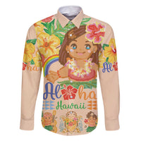 Kawaii Hula Girls Family Matching Off Shoulder Maxi Dress and Hawaiian Shirt Aloha Hibiscus Flowers LT9 Dad's Shirt - Long Sleeve Nude - Polynesian Pride